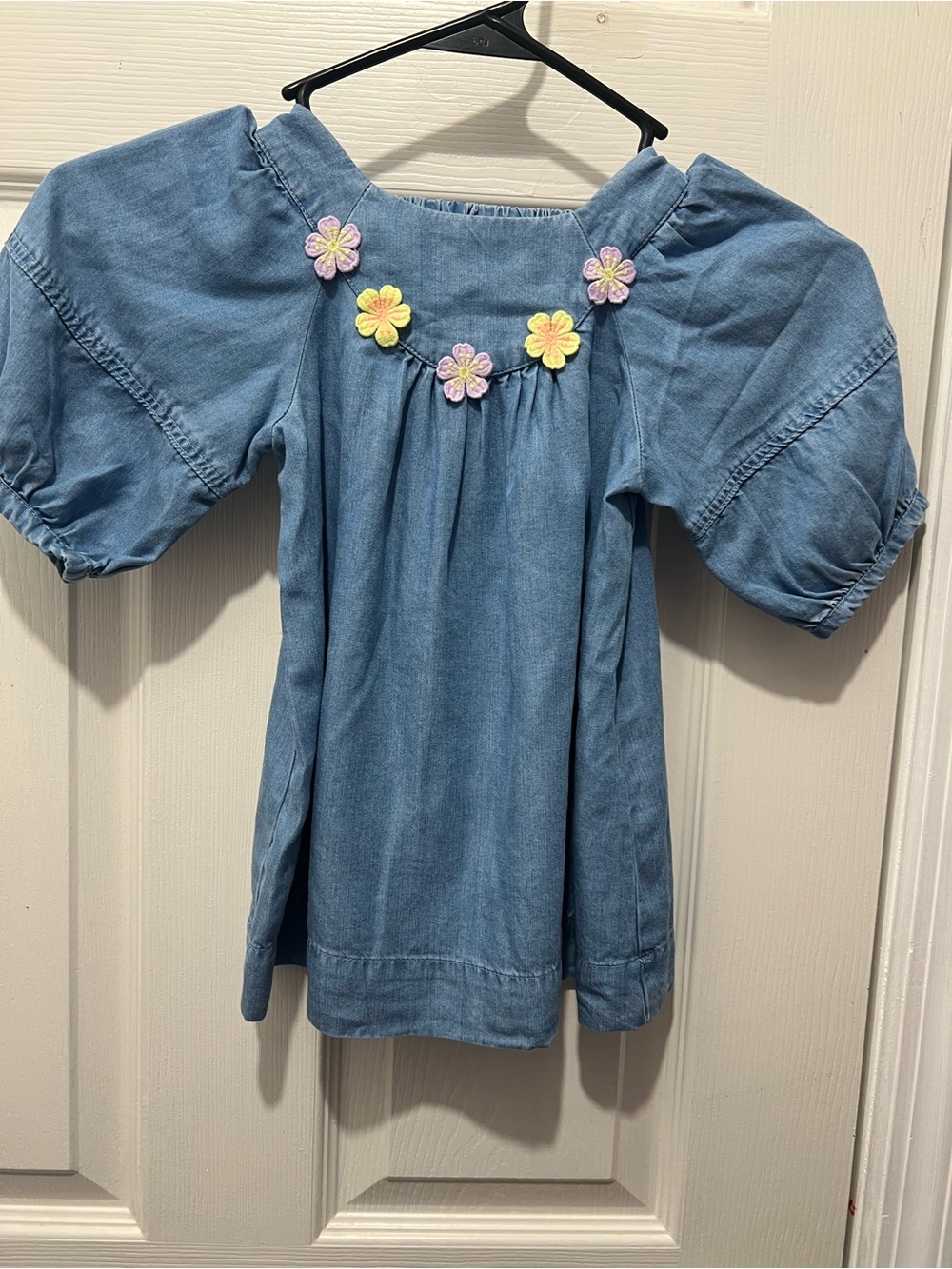 Zara Light Blue Denim Dress with Pastel Flower Appliqué